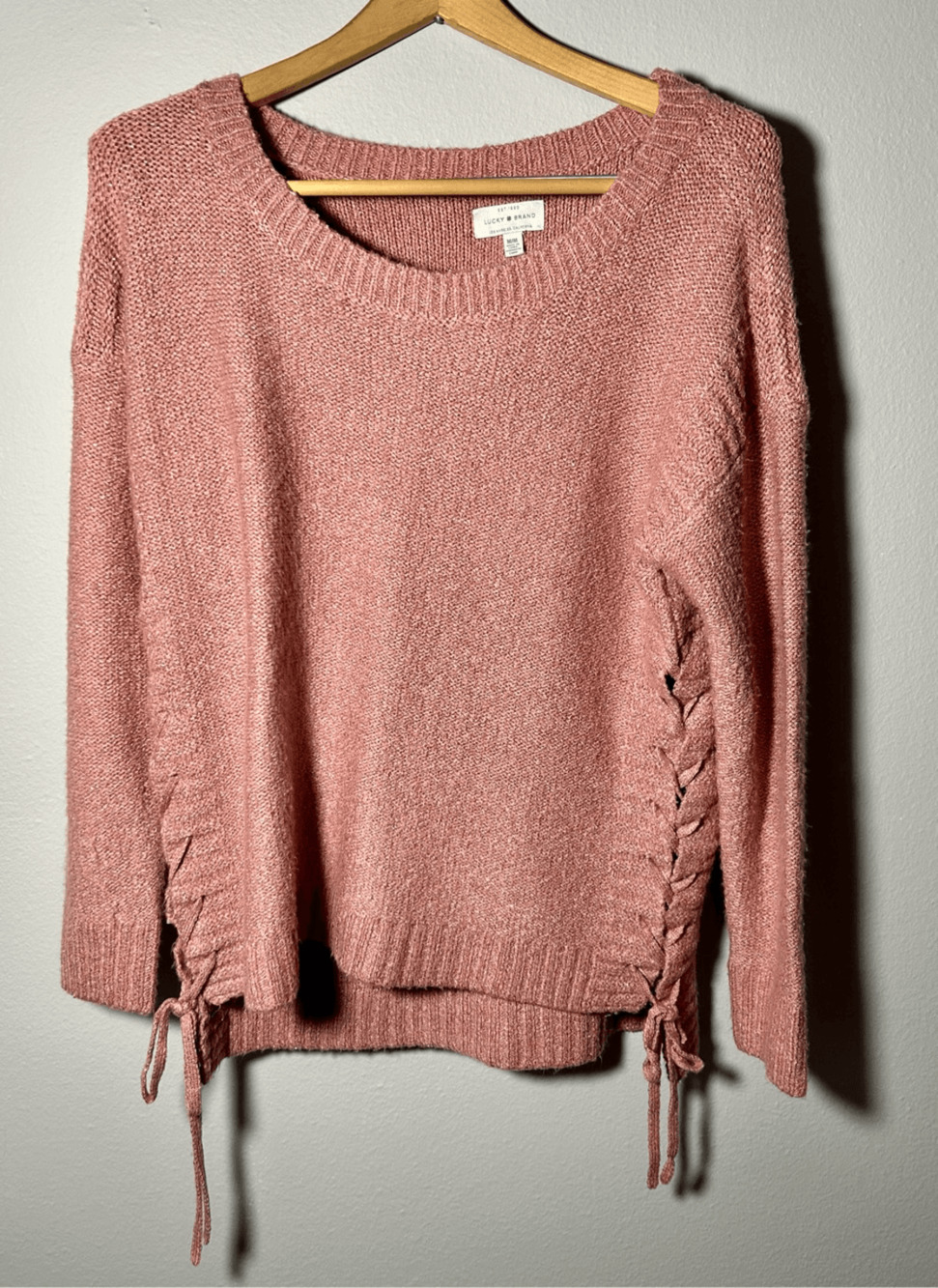 Lucky Brand Womens Sweater Large Lace Up Sides Pink Metallic Chunky Knit Sz M